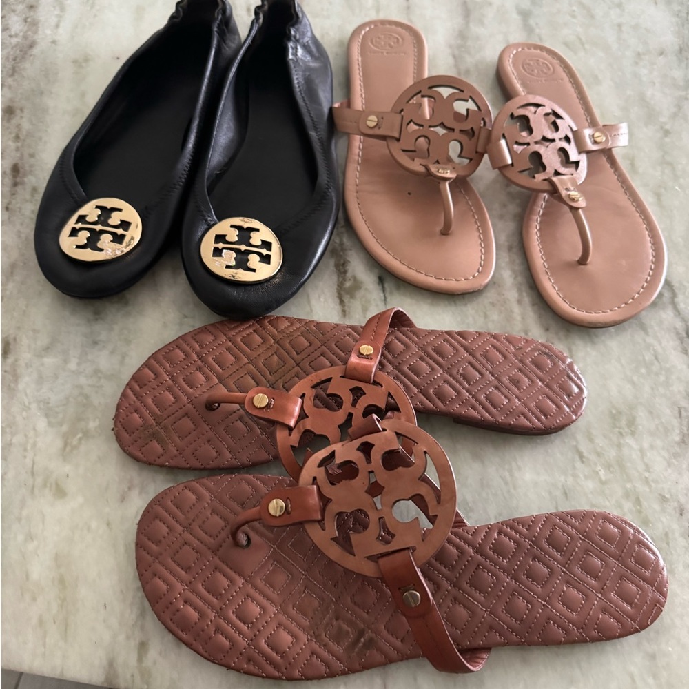 Tory Burch Mixed Leather Flats and Sandals in Black, Tan, All 3 pairs 225.00